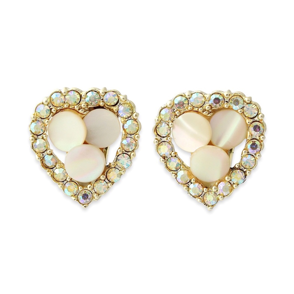 Vintage Mother of Pearl & Aurora Borealis Rhinestone Heart Clip On Earrings